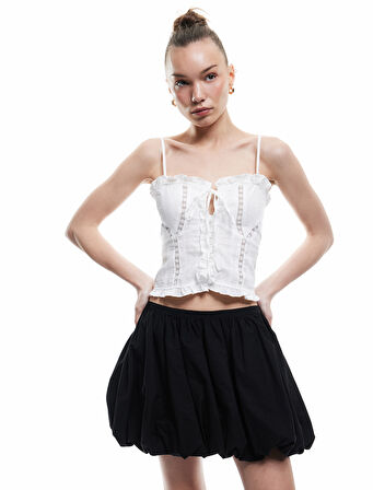 Pamuklu Beli Lastikli Oversize Balon Mini Etek