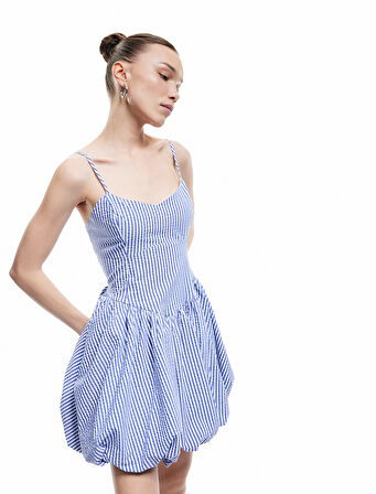 İp Askılı V Yaka Çizgili Balon Mini Elbise