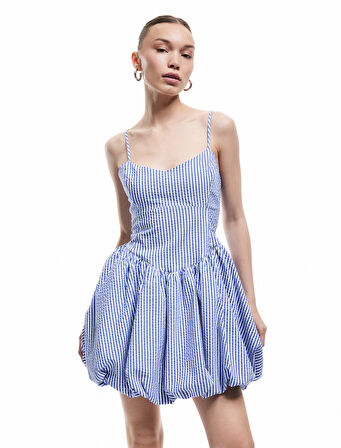 İp Askılı V Yaka Çizgili Balon Mini Elbise