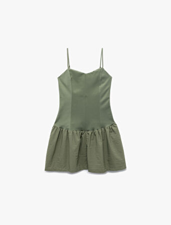 İp Askılı Kalp Yaka Dikiş Detaylı Balon Elbise