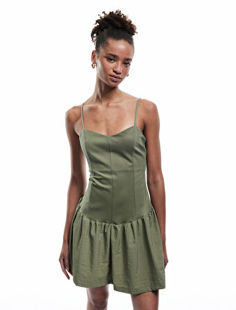 İp Askılı Kalp Yaka Dikiş Detaylı Balon Elbise