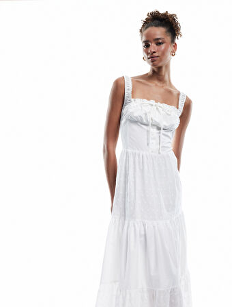 Kolsuz U Yaka Fiyonklu Bağcıklı Astarlı Uzun Fisto Elbise