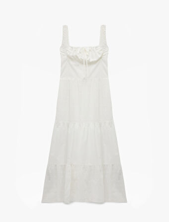 Kolsuz U Yaka Fiyonklu Bağcıklı Astarlı Uzun Fisto Elbise