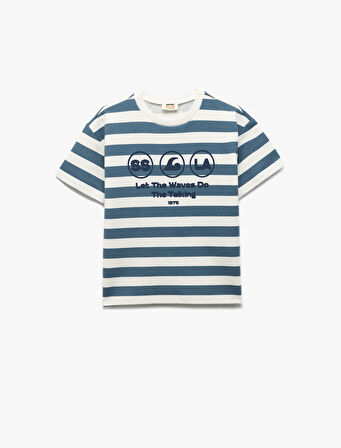 Baskılı Pamuklu Kısa Kollu Çizgili Tişört