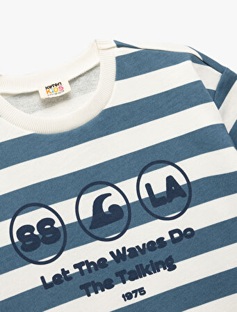 Baskılı Pamuklu Kısa Kollu Çizgili Tişört