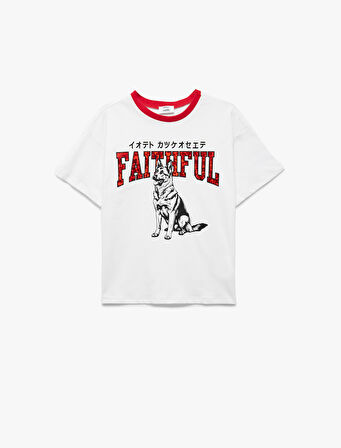 Kısa Kollu Bisiklet Yaka Pamuklu Köpek Baskılı Oversize Tişört