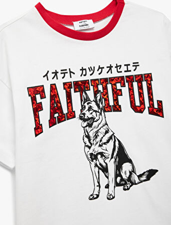 Kısa Kollu Bisiklet Yaka Pamuklu Köpek Baskılı Oversize Tişört