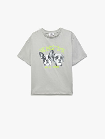 Köpek Baskılı Kısa Kollu Bisiklet Yaka Pamuklu Oversize Tişört