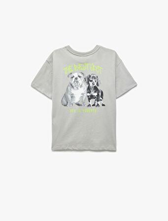 Köpek Baskılı Kısa Kollu Bisiklet Yaka Pamuklu Oversize Tişört