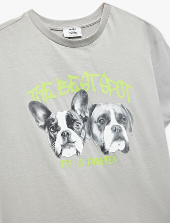 Köpek Baskılı Kısa Kollu Bisiklet Yaka Pamuklu Oversize Tişört