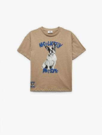 Pamuklu Bisiklet Yaka Kısa Kollu Köpek Baskılı Tişört