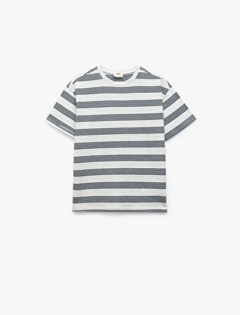 Pamuklu Kısa Kollu Bisiklet Yaka Çizgili Oversize Tişört