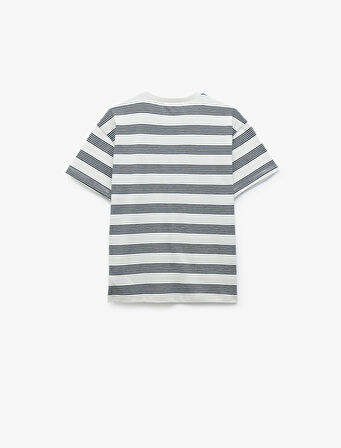 Pamuklu Kısa Kollu Bisiklet Yaka Çizgili Oversize Tişört