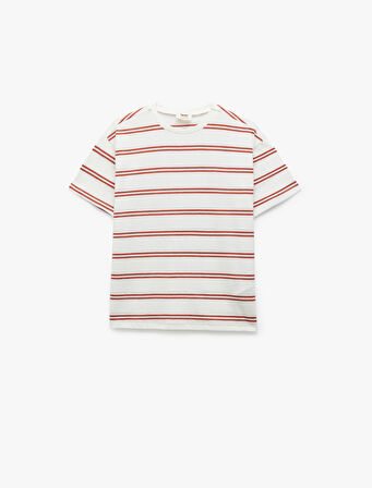 Kısa Kollu Bisiklet Yaka Pamuklu Çizgili Oversize Tişört