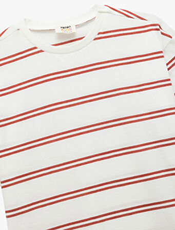 Kısa Kollu Bisiklet Yaka Pamuklu Çizgili Oversize Tişört