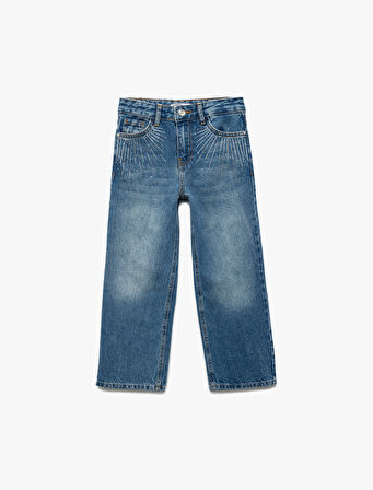 Pamuklu Taşlı Geniş Paça Jean Pantolon