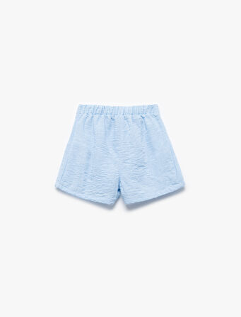 Pile Detaylı Beli Lastikli Dokulu Mini Şort