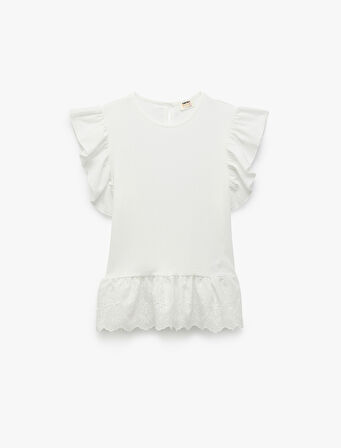 Brodeli Fırfır Detaylı Kelebek Kol Bisiklet Yaka Bluz