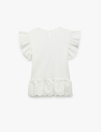 Brodeli Fırfır Detaylı Kelebek Kol Bisiklet Yaka Bluz