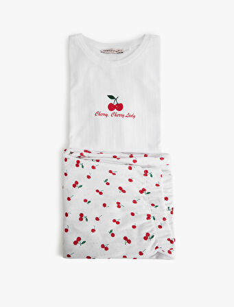 Kısa Kollu Bisiklet Yaka Kiraz Desenli Pijama Takımı