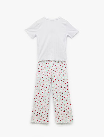 Kısa Kollu Bisiklet Yaka Kiraz Desenli Pijama Takımı