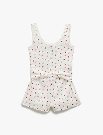 Pamuklu U Yaka Kolsuz Çilek Baskılı Şortlu Pijama Takımı