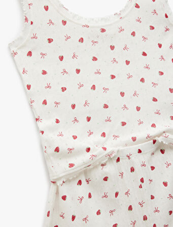 Pamuklu U Yaka Kolsuz Çilek Baskılı Şortlu Pijama Takımı