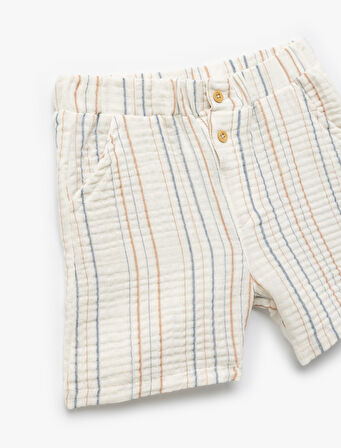 Pamuklu Düğme Detaylı Çizgili Müslin Şort