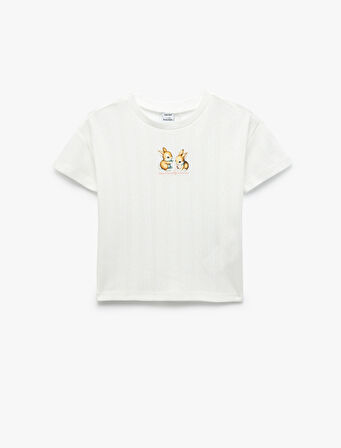 Pamuklu Tavşan Baskılı Bisiklet Yaka Kısa Kollu Tişört