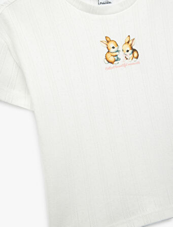 Pamuklu Tavşan Baskılı Bisiklet Yaka Kısa Kollu Tişört