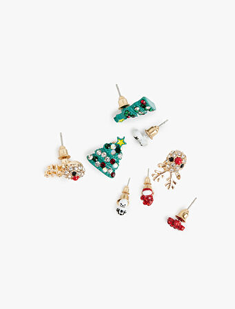 Çok Renkli Taş Detaylı Yılbaşı Temalı 4'lü Küpe Seti