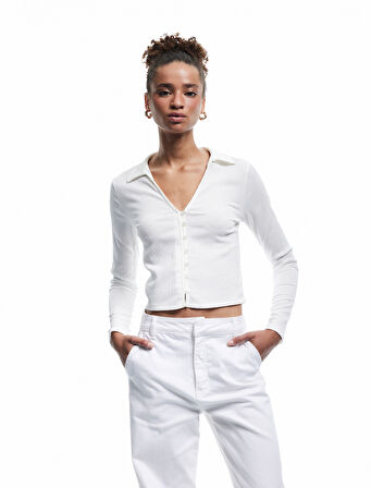 Gömlek Yaka Uzun Kollu Düğmeli Slim Fit Tişört