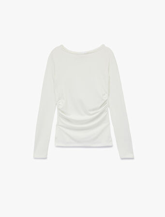 Kayık Yaka Drapeli Slim Fit Viskon Karışımlı Yırtmaçlı Uzun Kollu Tişört