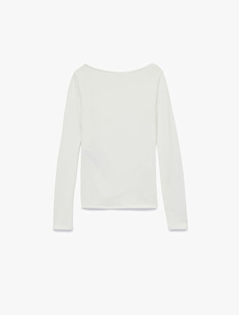 Kayık Yaka Drapeli Slim Fit Viskon Karışımlı Yırtmaçlı Uzun Kollu Tişört