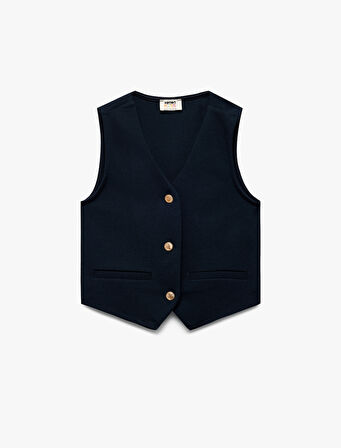 V Yaka Kolsuz Düğmeli Viskon Crop Yelek