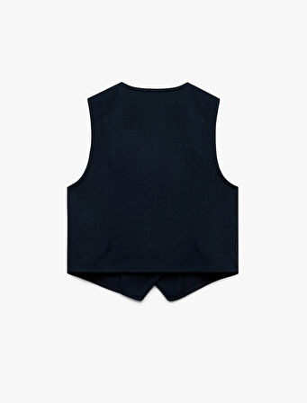 V Yaka Kolsuz Düğmeli Viskon Crop Yelek