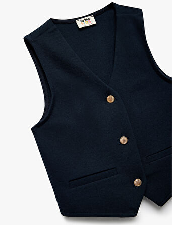 V Yaka Kolsuz Düğmeli Viskon Crop Yelek