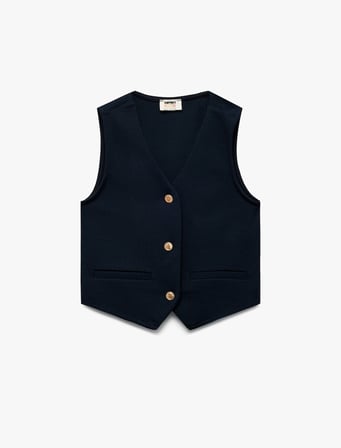 V Yaka Kolsuz Düğmeli Viskon Crop Yelek
