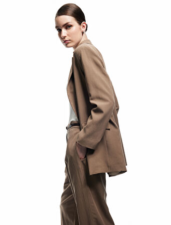 Cepli Astarlı Kruvaze Keten Karışımlı Oversize Blazer Ceket