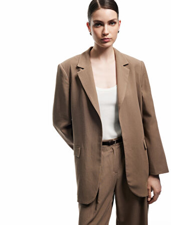 Cepli Astarlı Kruvaze Keten Karışımlı Oversize Blazer Ceket