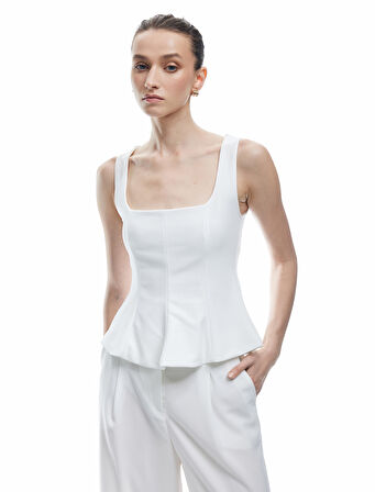 Krep Scuba Kumaş Kare Yaka Kolsuz Peplum Bluz