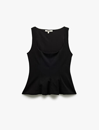 Krep Scuba Kumaş Kare Yaka Kolsuz Peplum Bluz