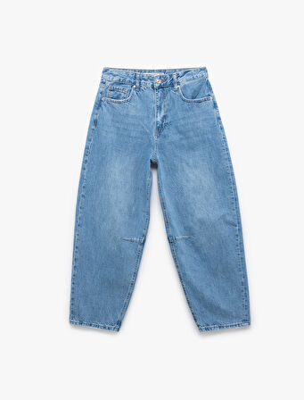 Rahat Kesim Normal Bel Düğmeli Pamuklu Balon Jean Pantolon - Balloon Fit Jean