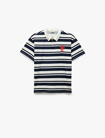 Pamuklu Çizgili Nakış Detaylı Kısa Kollu Polo Yaka Tişört