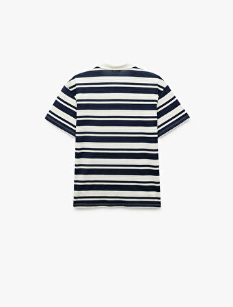 Pamuklu Çizgili Nakış Detaylı Kısa Kollu Polo Yaka Tişört
