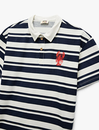 Pamuklu Çizgili Nakış Detaylı Kısa Kollu Polo Yaka Tişört