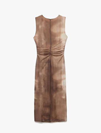 Koton X Sima Tarkan - Batik Desenli Drapeli Slim Kolsuz Midi Bodycon Elbise