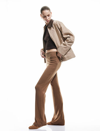 Yüksek Bel Lastikli İspanyol Paça Viskon Karışımlı Tayt Pantolon