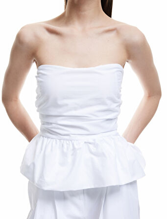 Straplez Yaka Volanlı Pamuklu Crop Bluz