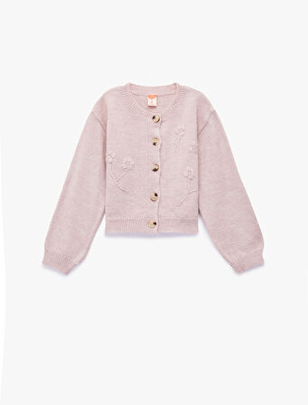 Uzun Kollu Bisiklet Yaka Çiçek Nakış Detaylı Triko Hırka